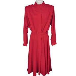 Alain Toussaint Vintage 80s Red Belted Midi Dress Mock Neck Shoulder Pads 10P